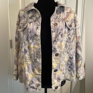 Chico's Pastel Abstract Print Jean Jacket in Lavender, Yellow & Gray